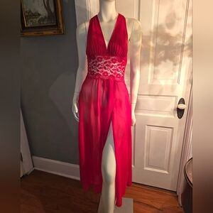 Vintage Red Movie Star Lace Sheer Nightgown Small